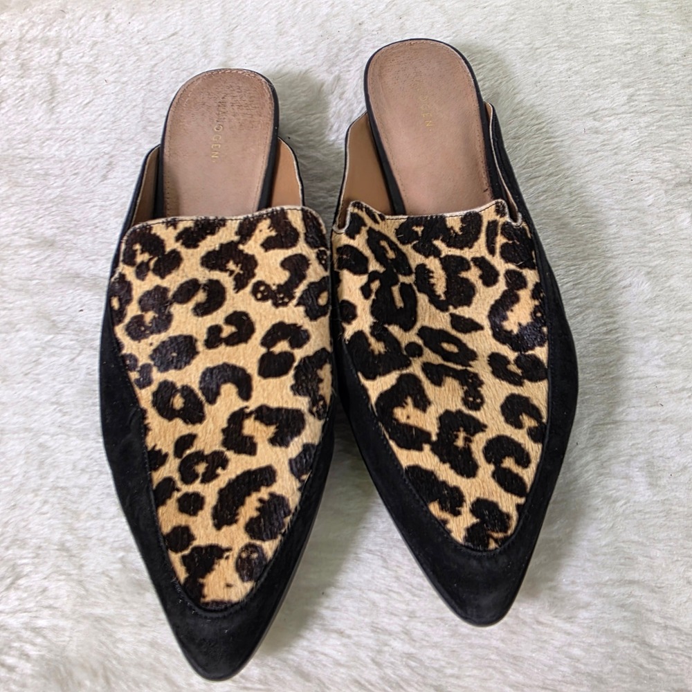 Halogen Leopard Calf Hair Pointed Toe Mules Flats Black Tan Women 9.5